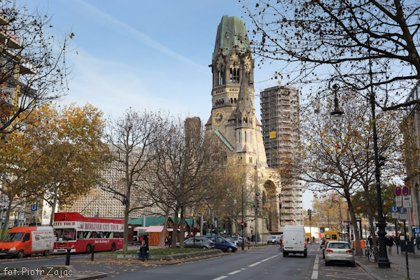Kurfürstendamm street with in background Kaiser Wilhelm Church in Berlin - filming location of " Octopussy "