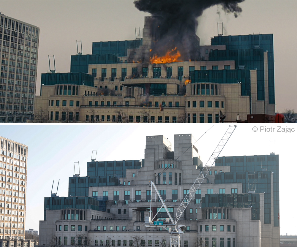 The SIS Building, also called the MI6 Building, at Vauxhall Cross in London, UK.